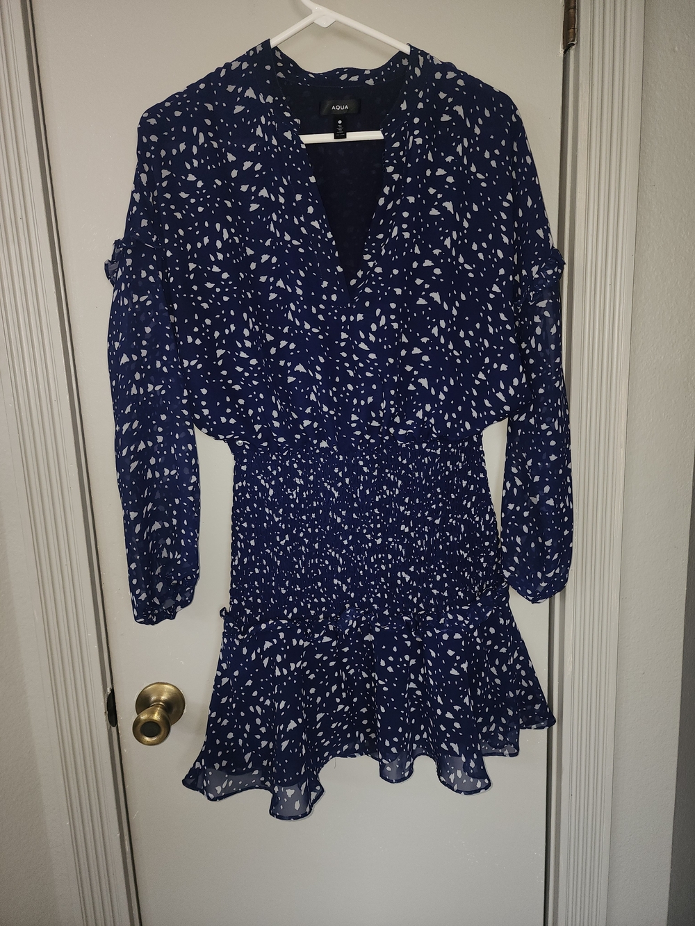 Aqua Navy and White Abstract-Print Smocked-Waist Dress